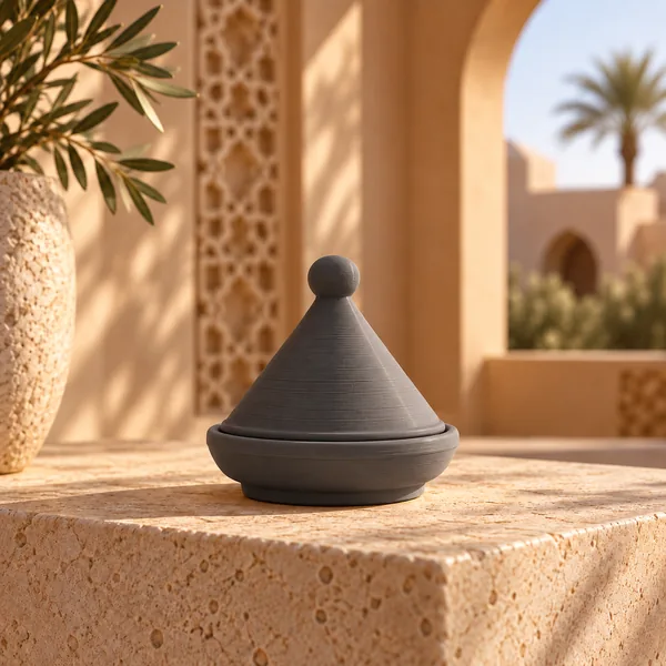 Illustration de concept d’un mini-tajine décoratif imprimé en 3D; apparence à confirmer sur prototype.