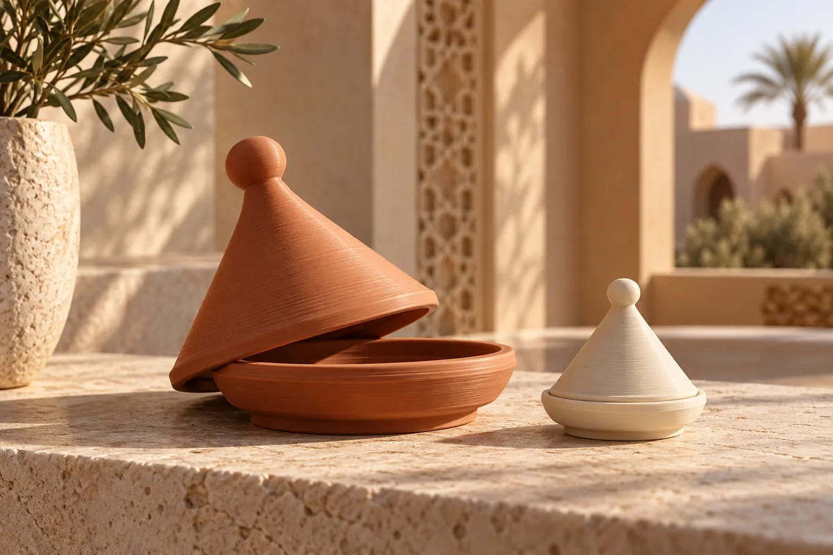 Illustration de concept de mini-tajines décoratifs dans un décor chaleureux; aspect final à valider.